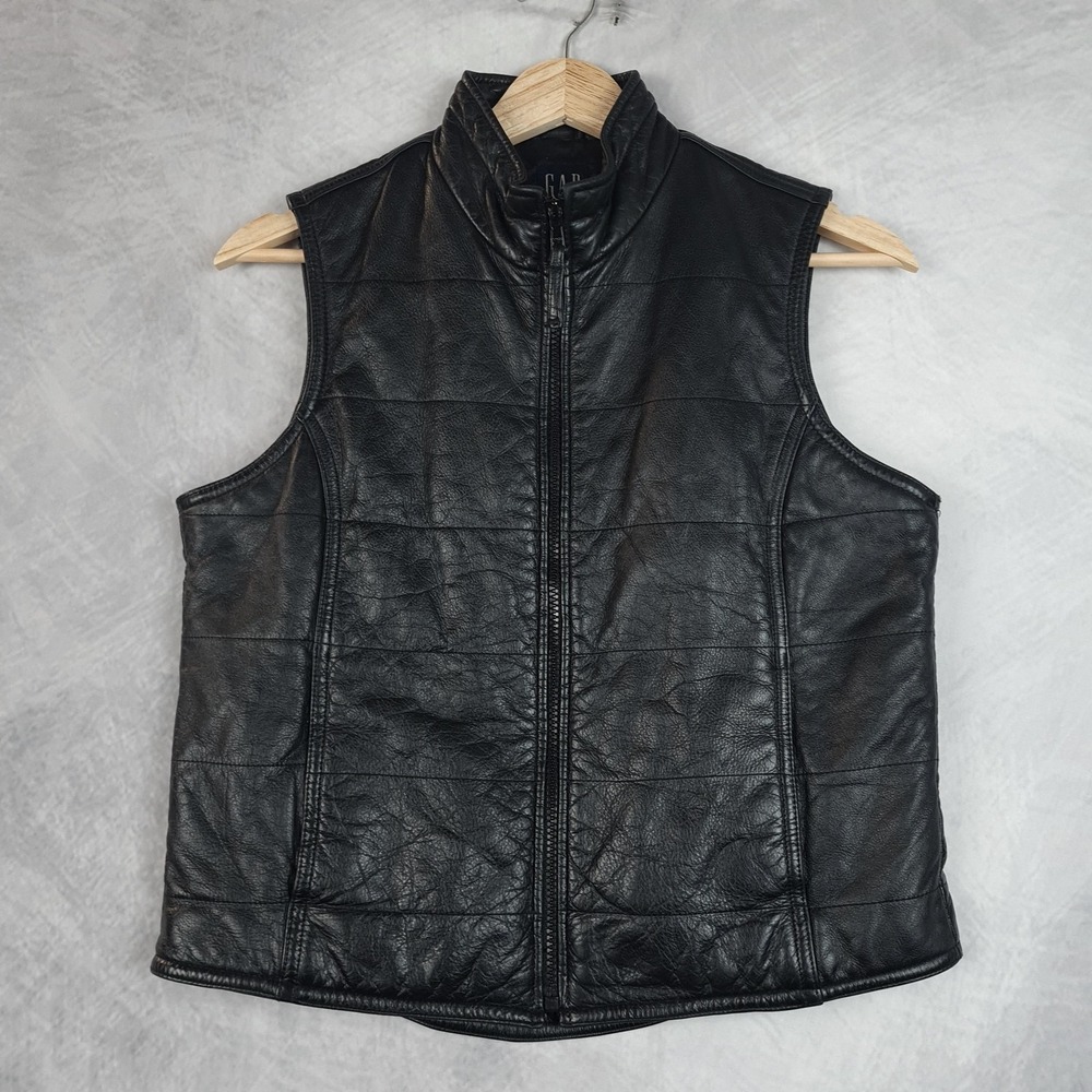 Vintage GAP Leather Vest Womens XS Black Zip Front Stand Collar Biker Moto 90s